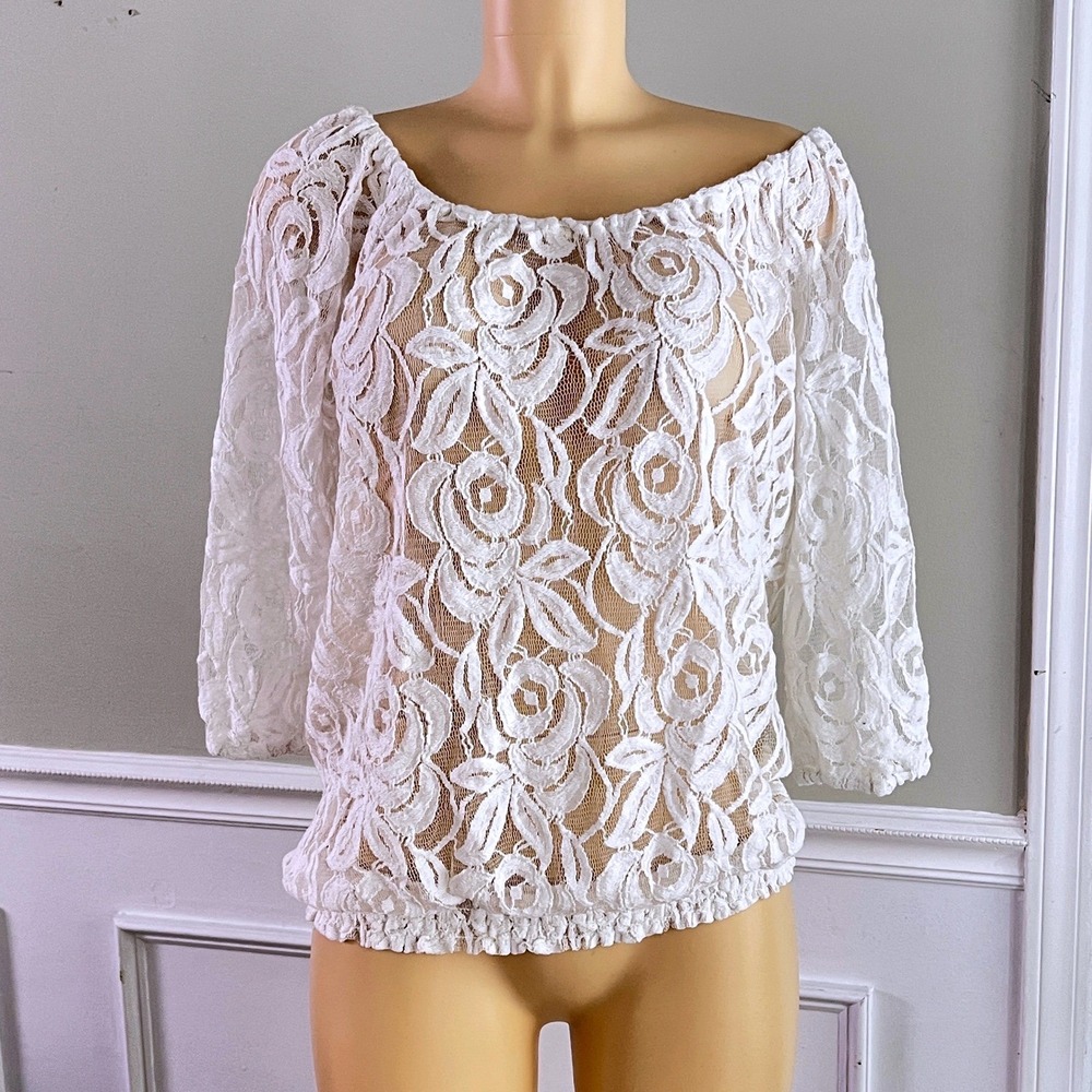 Feminine Lace Blouse 1X White Floral 3/4 Sleeve Sheer Romantic Coquette Cottage